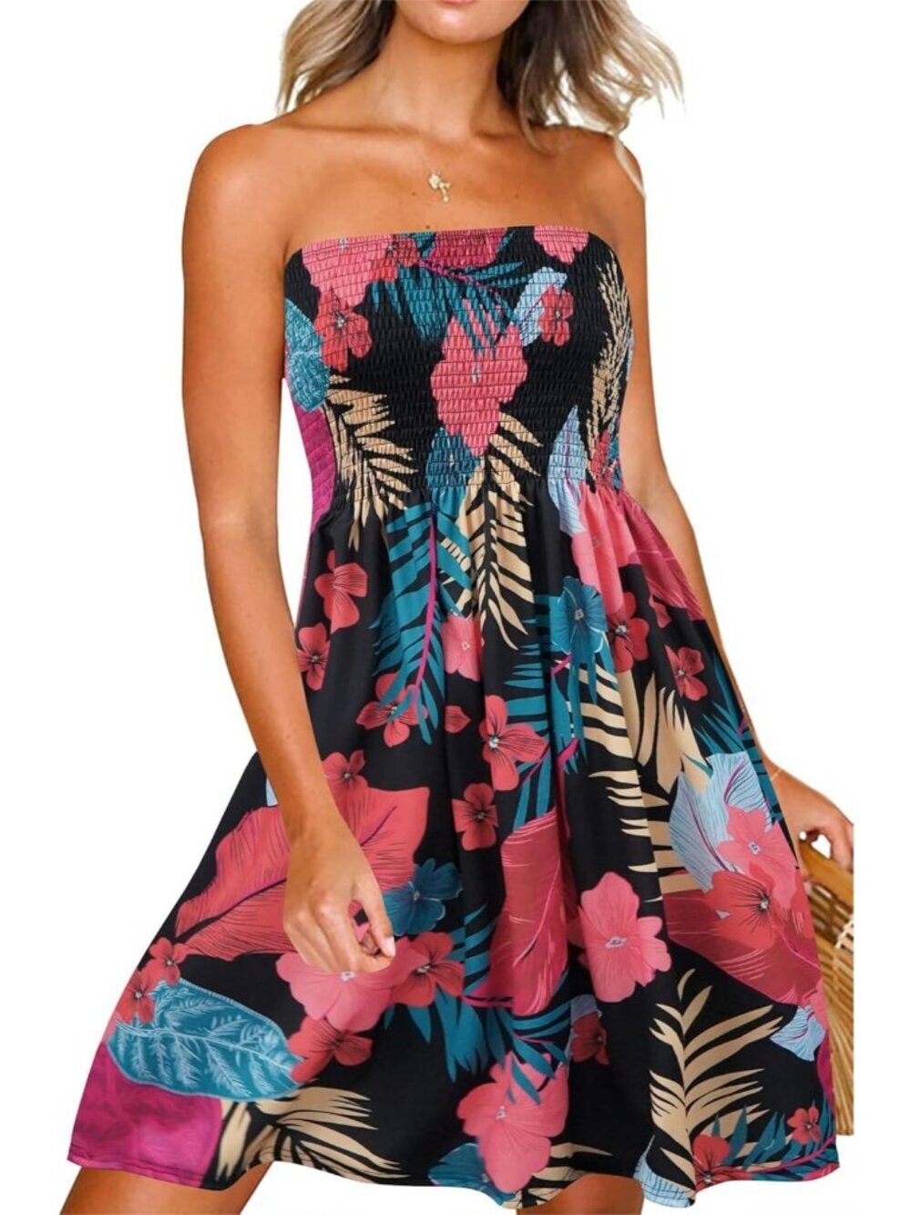 Women's Print Black Pink Sundress Casual Beach Strapless Cover Up Mini Dress